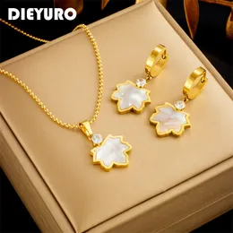 Wedding Jewelry Sets DIEYURO 316L Stainless Steel Maple Leaf Zircon Pendant Necklace Earrings For Women Girl Trendy Choker Set Gift Party 230804