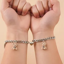 Charm Bracelets 2Pcs Plush Bear Couple Magnet Stainless Steel Heart Chain Bracelet Unisex Friendship Valentines Day Jewelry 230803