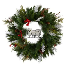 플라스틱 매끄러운 소나무 겨울 올빼미 가족 크리스마스 인공 화환, 콘 베리 5 그린