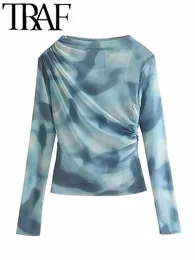 Bluzki damskie koszule Traf Women Modna Tiul Tiul bluzki vintage długie rękaw z podszewką Lady Cienki koszule żeńskie z robieniem blusas tops 230803