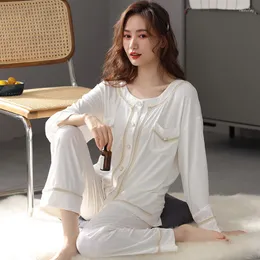 Women's Sleepwear WIKISSPJS Spring Autumn Modal White Black Loose Cotton Silk Long Sleeve Trousers Home Suit Pajamas Loungewear