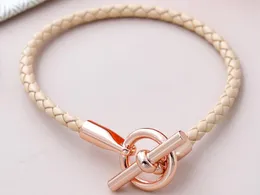RealFine888 3A HM -armband i 06 aprikos beige äkta läderband armband med rosguldikoniska smycken lyxdesigner för kvinna med låda