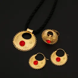 Wedding Jewelry Sets Blue Red Green Stone Ethiopian Pendant Necklaces Earrings Ring Gold Color Africa Bride Set 230804