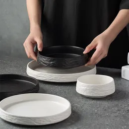 Japanese Ceramic White Black Dinner Plates Rock Stone Pattern Sushi Pasta Dessert Serving Bowl Dishes Plate for Restaurant