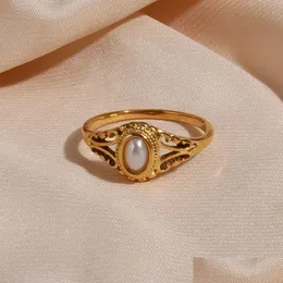 Pierścienie klastra cienkie 18 -karatowe złoto pusta tekstura naturalna perła słodkowodna dla kobiet stal nierdzewna plaster pierścień dostawa biżuteria dhghs