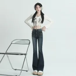 Kvinnors jeans mager stretch blossade denim hög midja koreansk stil amerikansk multi-pocket byxor regelbunden/längd