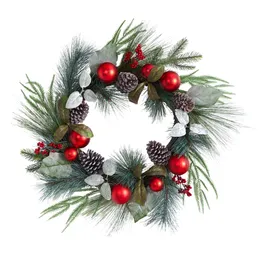 Pinecone Berry Christmas PVC Unlit Wreath、Red Ornaments 24 Green