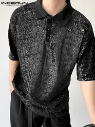 Men's Casual Shirts INCERUN Tops Korean Style Men's Lapel Sequin Blouse Fashion Casual Male Party Short Sleeve Button Shirts S-5XL 230804