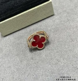 Vintage Cluster Rings Van Brand Designer Copper Gold Plated Red Four Leaf Clover Charm Ring for Women with Box Party Gift