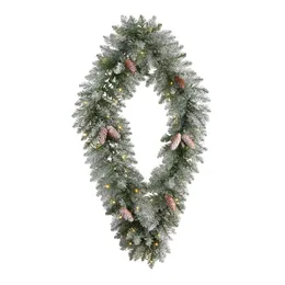 Christmas Geometric Diamond Frosted PVC Holiday White Prelit LED Battery Operated Wreath, with Pinecones 20 White