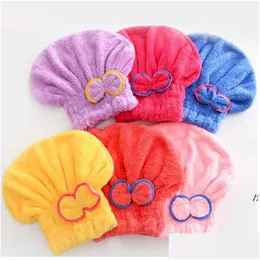 Toucas de banho Microfibra Secagem rápida do cabelo Toalha de banho Spa Bowknot Wrap Cap Acessórios de banheiro Toucas grossas Mulheres Drop Delivery Home G Dhupb