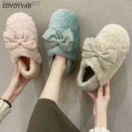 Tofflor Covoyar Bow Tie Women's Slide Winter Warm Pur Plush Shoes Women's Home Bedroom Päls Slide Lorita Flat Shoes WSL270 Z230805