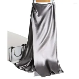 Rokken Wdmsna 2023 Onregelmatige Satijn Lange Voor Vrouwen Franse Elegante Split Mid Lengte Faldas Zomer Slanke Taille Fishtail Rok