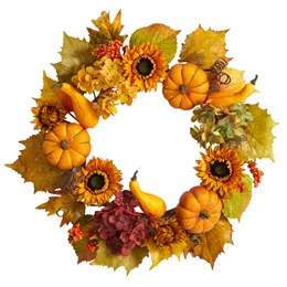 Plastikowy hortensja sztuczna jesienna wieniec z dyniami i słonecznikiem, 22 wielokolorowy