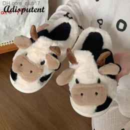 Chinelos deslizante de pele fofa de vaca leiteira deslizante feminino dedo do pé de pelúcia para casa calor de inverno Coelho ruim Kaii sapatos deslizantes de animais planos e fofos Z230805