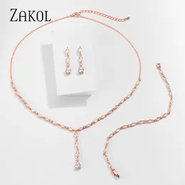 Wedding Jewelry Sets ZAKOL Brilliant Crystal Zirconia Earrings Necklace Bracelets 3pcs Set For Women Dress Accessaries FSSP412 230804