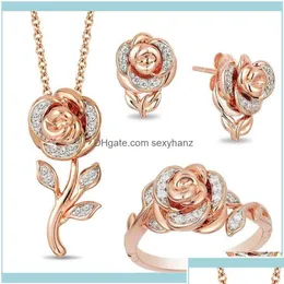 Ohrringe Halskette Sets Schmuck Luxus Weibliche Weiße Kristall Schmuck Set Charme Rose Gold Farbe Hochzeit Stud Für Frauen Trendy Blume C Dhbir