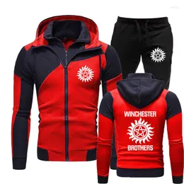 Men's Tracksuits Men Winchester Logo Print Double Zipper Windproof Design Jacket Pants Set Fashion Casual Hip Hop Hoodie Clothing