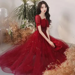 Etniska kläder vintage vin röd puff hylsa prinsessan klänningar lång mesh flash prom aftonklänning elegant tyll paljettfest klänning bröllop
