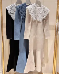 Casual Dresses DUTRIEUX Detachable Lace Stand Neck Robe Femme Japanese Vestidos De Mujer Elegant Solid Color Long Sleeve Slim Knit