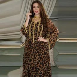 Vestuário étnico Muçulmano Estampa de Leopardo Diamantes Vestido solto Moda Feminina Abaya Senhoras Jalabiya Ramadã Árabe Islam Robe Decote em V Kaftan Eid