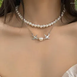 ペンダントネックレス韓国ファッションロマンチックな模倣真珠ネックレスチョーカーダブルレイヤー金属鳥ウェディングブライダルビーズジュエリー