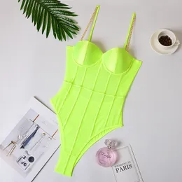 Macacão Feminino Macacão Verde Neon Malha Transparente Body Suit Sexy Sem Costas Listrado Sem Mangas Macacão Festa Moda Spaghelti Alça 230804