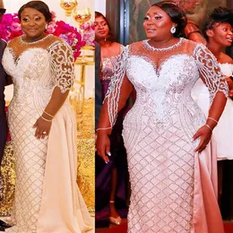 Plus Size Arabic Aso Ebi Luxurious Lace Beaded Wedding Dresses Sheer Neck Sparkly Sheath Formal Party Second Reception Bridal Gown196L