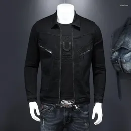 Giacche da uomo Giacca di jeans da locomotiva con cerniera nera da uomo dal design semplice con risvolto in tinta unita