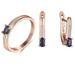 Bröllopsmycken set FJ Set Women 585 Rose Gold Color Oval Blue Stone Round Rings Earrings 230804