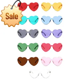 Custom rimless wedding favors color party eyewear one piece heart sun glasses red pink love heart shaped sunglasses wholesale