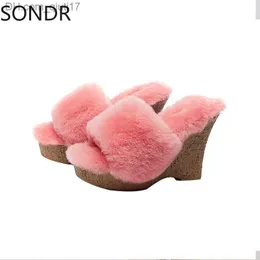 Slippers Женские истинные меховые платформы Lambswool Welge High Heels теплые зимние плюшевые слайдер Sluch