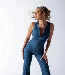 Kvinnors jeans jumpsuit blixtlås streetwear hängslen sommarbyxor onesis slim fit mode hög midja denim cowboy byxor rygglösa