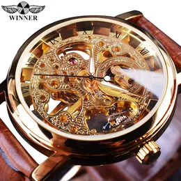 Zwycięzca zegarek Transparent Golden Case Luxury Casual Design Brązowy skórzany pasek męskie zegarki Top Marka Luksusowe mechaniczne szkielet zegarek 230804