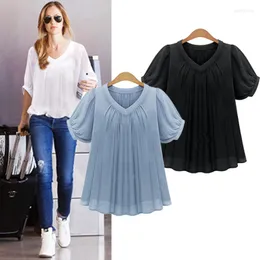 Kvinnors blusar Arealna Summer Fashion Shirt Kvinnor Toppar Kort ärmar Pleat Chiffon Blus Loose Overized XL-5XL BLUSAS FEMININAS