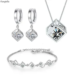 Set di gioielli da sposa Fanqieliu Stamp 925 Orecchini pendenti con ago in argento Collana con pendente in cristallo quadrato Estendere il braccialetto per le donne FQL22087 230804