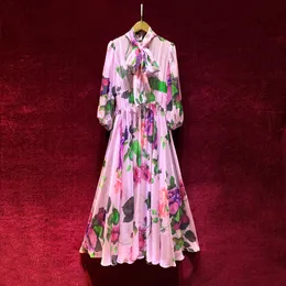 2023 Summer Pink Floral Print midja bälte klänning långärmad rund hals långa maxi casual klänningar a3q122246