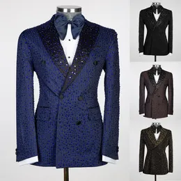 Sparkly Men Wedding Suits Peaked Lapel Tuxedos Beads Crystal Groom Wear 2 PCS (Blazer+Pants) Prom Evening Party Custom Made Made