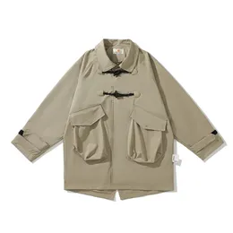 Męskie okopy płaszcze jesień mężczyźni moda luźna swobodna klamra cowhorn vintage Trenchcoat Cityboy Streetwear Big Pocket Long Owezyjna odzież 230804