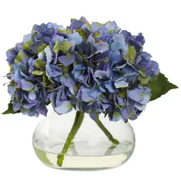 أزهار الزهور الاصطناعية المتفتحة مع إناء ، أزرق