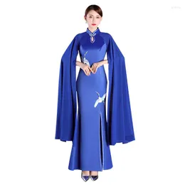 Vestuário étnico estilo chinês feminino sexy noite cheongsam manga longa qipao vermelho azul senhora vestido fenda aberta moderno vestidos de festa orientais