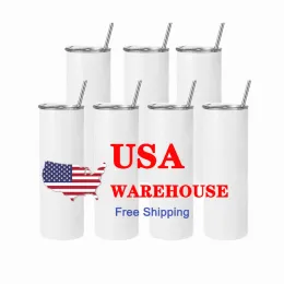 US CA Stock 20oz sublimering Straight Tumblers Blanks White 304 Rostfritt stål Vakuumisolerade Slim Diy Cups Car Coffee Mugs AU05