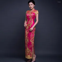 Etnik Giyim Çin Geleneksel Cheongsam Nakış Elbisesi İşlemeli Düğün Kırmızı Sequin Dantel Uzun Qipao Partisi Akşam Seksi Elbiseler