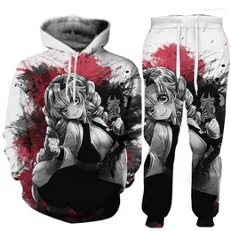 Bluzy męskie Kimetsu no Yaiba Anime Hoodie Suit Puszysty Kpop Spodni 2PCS KANROJI MITSURI Ubrania graficzne sznurka