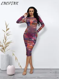 Casual Dresses Enopink Colorful Printed Sexy Mesh Tight Party Beach Dress Long Sleeve BodyCon Midi For Women Club Clothes Vestidos