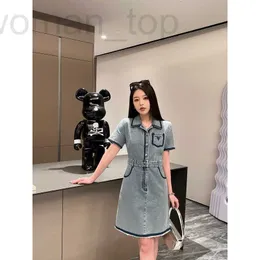 Basic & Casual Dresses Designer P Family 23 Spring/Summer New Fashionable Series Pocket Embroidery Contrast Ragged Edge Design Short Sleeve Denim Dress EAUG