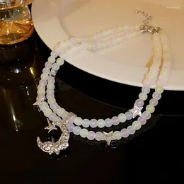Choker Trendy Korean Star Moon Anhänger Runde Perle Doppelschicht Halskette Für Frauen Süße Bunte Kette Schlüsselbein Hochzeit Party