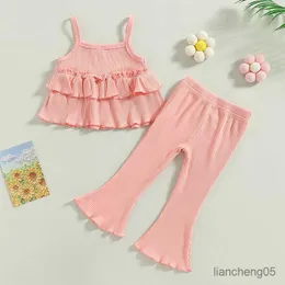 Clothing Sets Children Girls Summer Clothes Set Baby Sleeveless Layered Ruffle Sling Tops Flared Solid Color Kids Outfits R230824