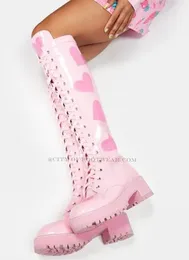 Boots Big Size Pink Heart Low Heel Boots Women Leather Lace UP Chunky Round Toe Knee High Boots Designer Lolita Causal Lady's Shoes 230804