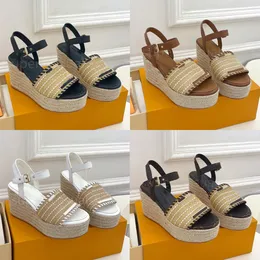 Tasarımcı sancak sandalet kadın kama sandalet saman ayakkabı açık ayak parmağı platform ayakkabıları kama ayakkabıları kutu 35-41